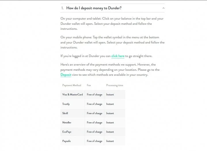 Dunder Casino cashier: deposit and withdrawal options